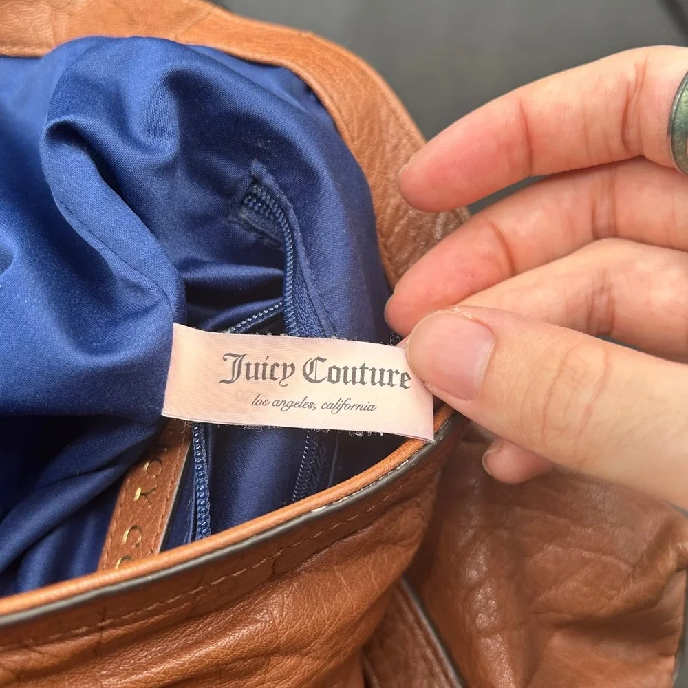 Juicy Couture Brown Buffalo Leather Satchel Crossbody Bag Gold Hardware Navy